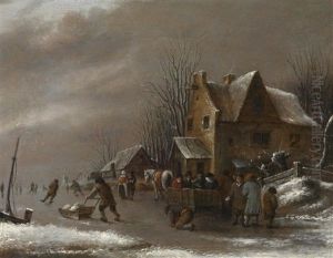 Winterlandschaft Mit Eislaufern Vor Einem Dorf Winterlandschaft Mit Eislaufern Vor Einem Dorf