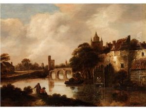 Hollandische Flusslandschaft Mit Befestigter Stadt Am Ufer by Nicolaes Molenaer