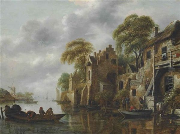 A River Landscape With Fishermen Loading Their Nets, Beside A Town - view 1