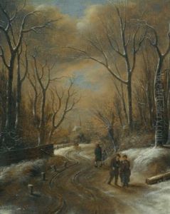 A Wooded Winter Landscape With Figures Walking Along A Path, A Church Steeple Beyond