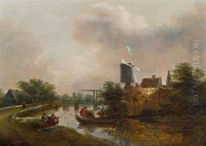 Fluslandschaft Mit Fischer Und Windmuhle Vor Einer Stadt by Nicolaes Molenaer