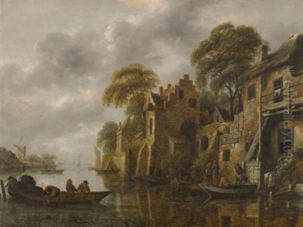 A River Landscape With Fishermen Loading Their Nets Beside A Town - view 1