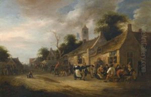 A Village Street Scene With Figures Dancing And Drinking