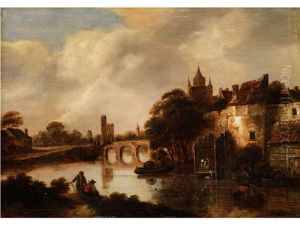 Flusslandschaft Mit Rechts Erhoht Stehender Stadt Und Stadtmauer Am Ufer