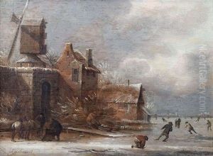 Eisvergnugen Auf Einem Zugefrorenen Kanal Bei Einem Gehoft Mit Bockwindmuhle