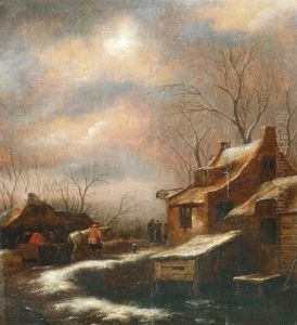 Scene De Village Sous La Neige Animee De Personnages by Nicolaes Molenaer