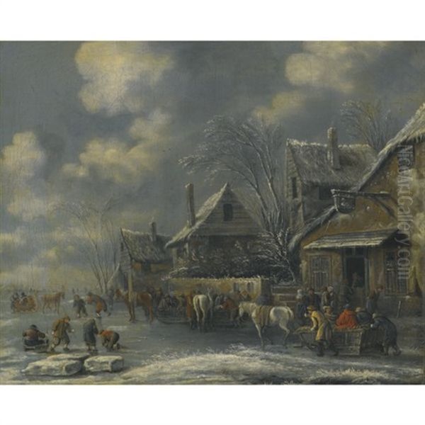 A Frozen River Landscape With Children Playing On The Ice And Figures Gathered Outside The Swan Inn - view 1