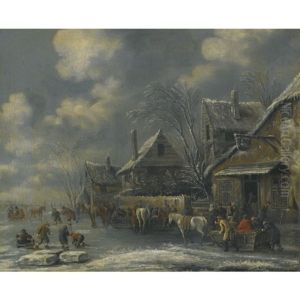 A Frozen River Landscape With Children Playing On The Ice And Figures Gathered Outside The Swan Inn by Nicolaes Molenaer