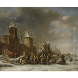 A Winter Landscape With Figures On A Frozen River Outside The Walls Of A Town by Nicolaes Molenaer