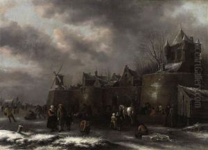 A Winter Landscape With Figures Skating And Sleighing On A Frozen Moat Outside A Fortified Town by Nicolaes Molenaer