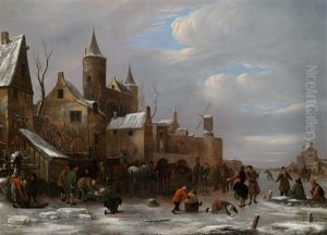 Eine Frohliche Gesellschaft Auf Einem Zugefrorenen Fluss Vor Einer Stadt by Nicolaes Molenaer