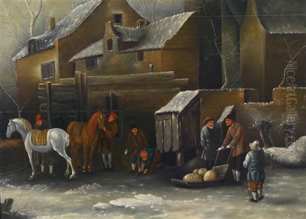 Winterlandschaft Mit Einem Schlitten Und Pferden Auf Einem Zugefrorenen Wassergraben Vor Stadthausern - view 1