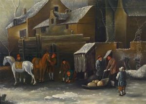 Winterlandschaft Mit Einem Schlitten Und Pferden Auf Einem Zugefrorenen Wassergraben Vor Stadthausern