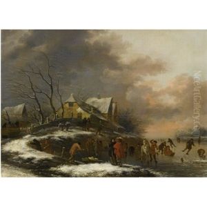 A Winter Landscape With Figures Skating On A Frozen River By A Village, Children On Sleighs, And Elegant Figures In The Foreground by Nicolaes Molenaer