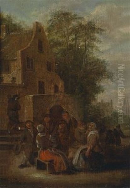 Zechende Bauern Vor Einem Wirtshaus (+ Frohliche Bauern Vor Einem Haus; Pair) - view 1