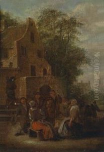 Zechende Bauern Vor Einem Wirtshaus (+ Frohliche Bauern Vor Einem Haus; Pair) by Nicolaes Molenaer