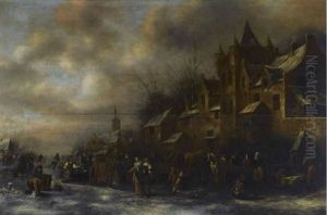 A Winter Landscape With Skaters, Children On Sleighs And Elegant Figures Promenading Across A Frozen River by Nicolaes Molenaer