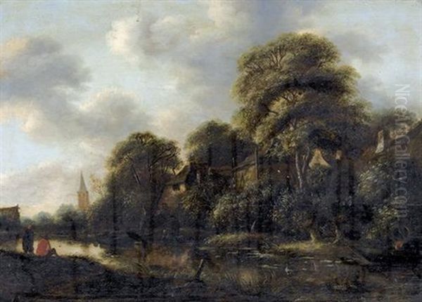 Flusspartie Mit Wascherinnen Und Dorf - view 1