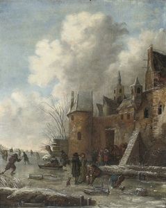 A Winter Landscape With Figures Skating And Sleighing Near A Village by Nicolaes Molenaer