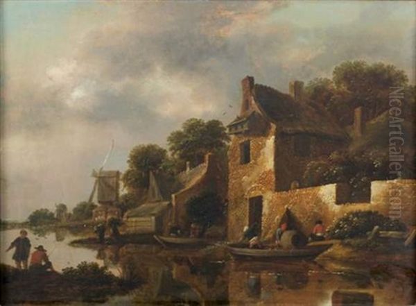 Paysans En Barque Dans Un Village - view 1