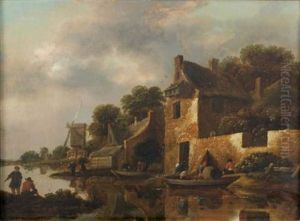 Paysans En Barque Dans Un Village by Nicolaes Molenaer