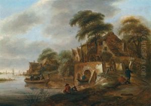 Dorf An Einem Flus Mit Bauern Und Booten by Nicolaes Molenaer