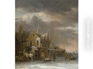 Winterlandschaft Mit Altem Haus An Gefrorenem Ufer