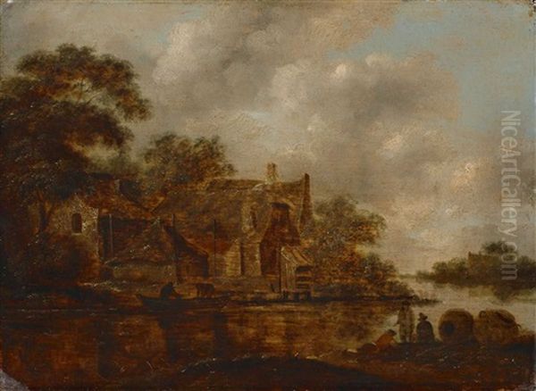 Flusslandschaft Mit Hausern Und Staffagefiguren - view 1