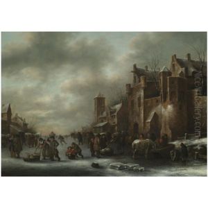 A Winter Landscape With Numerous Figures On A Frozen River Outside The Town Walls