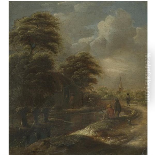 A River Landscape With Figures Fishing Beside A Path - view 1