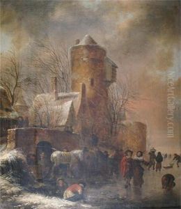 Winter Landscape With Figures And Horses On A Frozen Lake Near A Tower