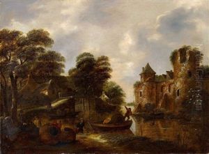 Flusslandschaft Mit Kahn Und Fischern Flusslandschaft Mit Kahn Und Fischern