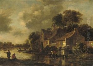 A Wooded River Landscape With A Washerwoman And Fishermen Near A Farmsted
