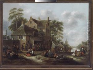 Feiernde Bauern In Einem Dorf Am Fluss by Nicolaes Molenaer