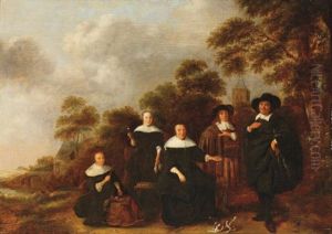Family Portrait In A Wooded River Landscape by Nicolaes Molenaer