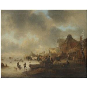 A Winter Landscape With Children Playing On A Frozen River And Travellers Resting With Their Horses by Nicolaes Molenaer