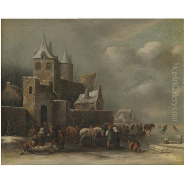 A Winter Landscape With Figures Conversing Outside A Village - view 1