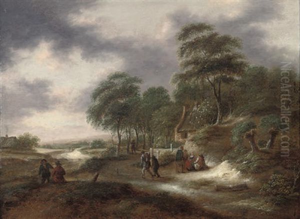 A Wooded Landscape With Figures On A Track By A House - view 1