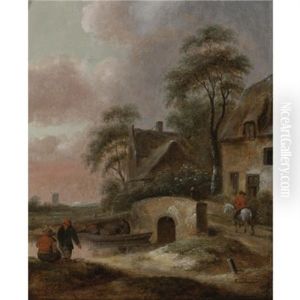 Landscape With Houses By A River With Figures Along The Bank And In A Boat Landscape With Houses By A River With Figures Along The Bank And In A Boat