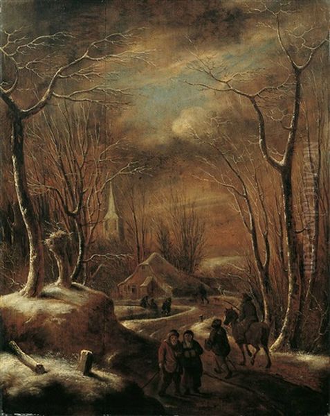 Winterlandschaft Mit Wanderern Vor Einem Dorf - view 1