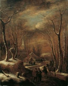 Winterlandschaft Mit Wanderern Vor Einem Dorf by Nicolaes Molenaer