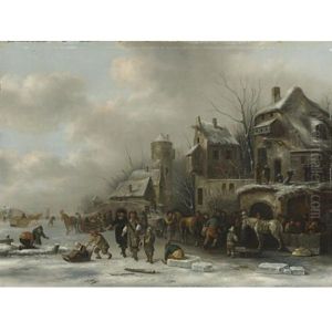 Winter Landscape With Two Gentleman And Peasants On A Frozen River By A Village Winter Landscape With Two Gentleman And Peasants On A Frozen River By A Village