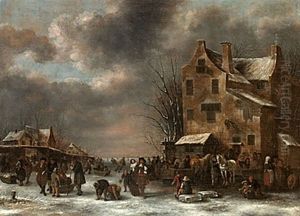 Stadsbild I Vinter Med Frusen Kanal
