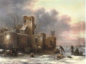 A Winter Landscape With Figures Skating Outside A City Wall