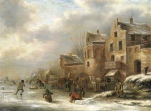 A Winter Landscape With Skaters By A Village