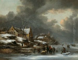 Winterlandschaft Mit Schlittenfahrern Und Eislaufern by Nicolaes Molenaer