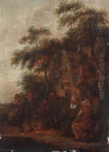 Vergnugte Bauerngesellschaft Vor Einem Wirtshaus In Waldlandschaft (+ Zechende Bauerngesellschaft Vor Einem Wirtshaus, Im Hintergrund Ein Kirchturm; 2 Works) by Nicolaes Molenaer