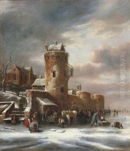 Winterlandschaft Mit Einem Befestigten Stadtchen Am Kanalufer Und Eislaufern by Nicolaes Molenaer