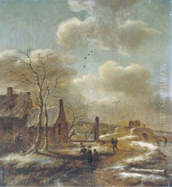 A Winter Landscape With Travellers Before A Farm, A Stone Bridge Beyond - view 1