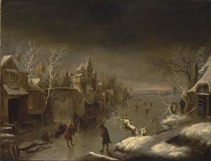 A Winter Landscape With Colf Players On The Ice Near A Town Gate